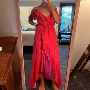 Express XS watermelon pink and purple high low maxi dress